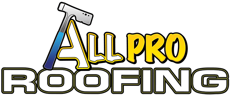 The logo for all pro roofing shows a hammer and the words `` all pro roofing ''.