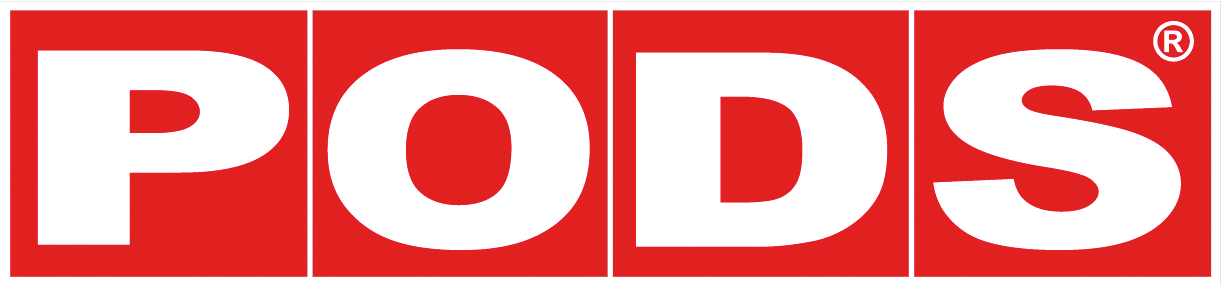 The word pods is written in white on a red background