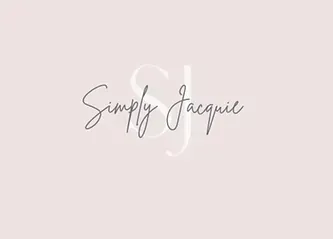 A logo for simply jacquie is on a pink background.