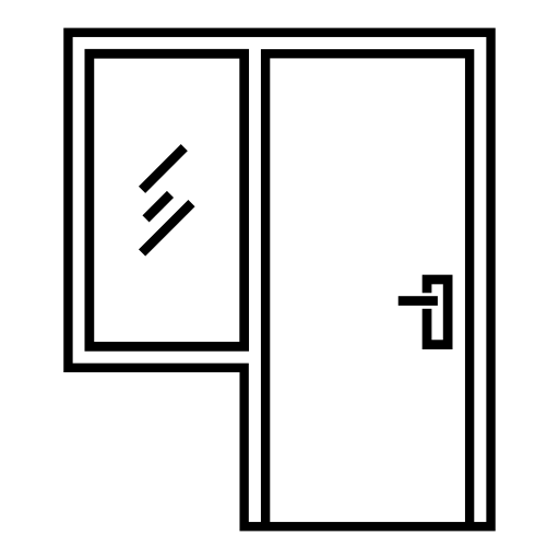 A black and white drawing of a door with a window.