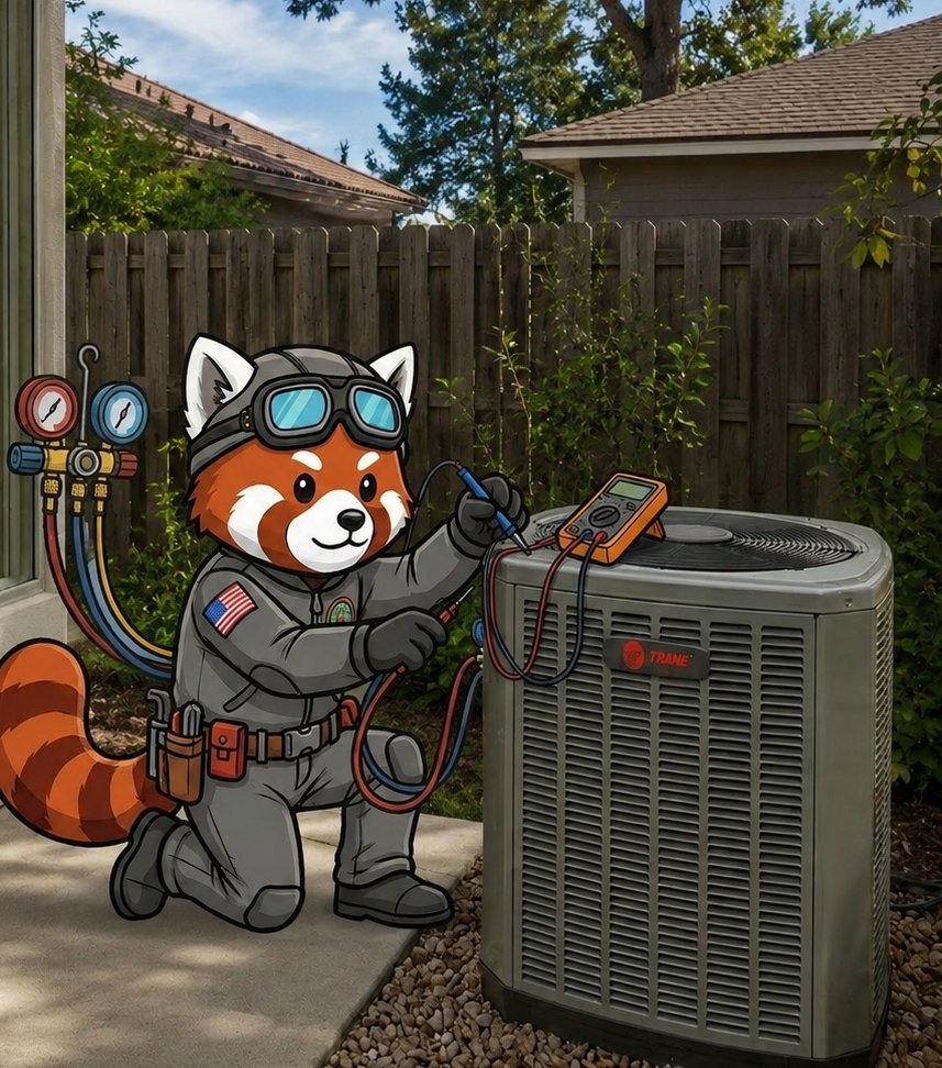 Cartoon red panda HVAC technician testing an outdoor AC unit in a backyard.