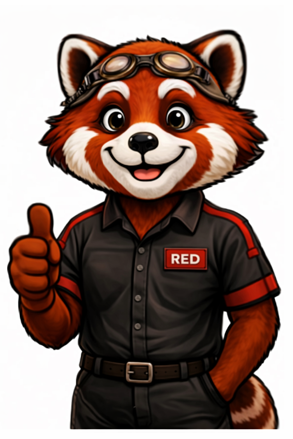 Smiling red panda mascot in black UFP shirt and aviator goggles, giving a thumbs up.