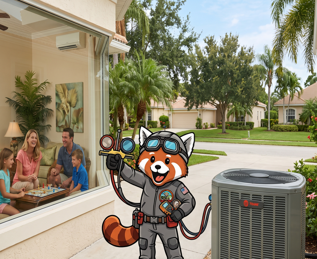Cartoon raccoon mechanic waving beside an air conditioner outside a suburban home, with family visible indoors