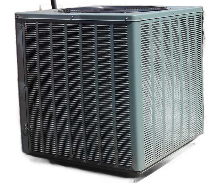 Large gray metal HVAC condenser unit with vented panels, shown on a white background