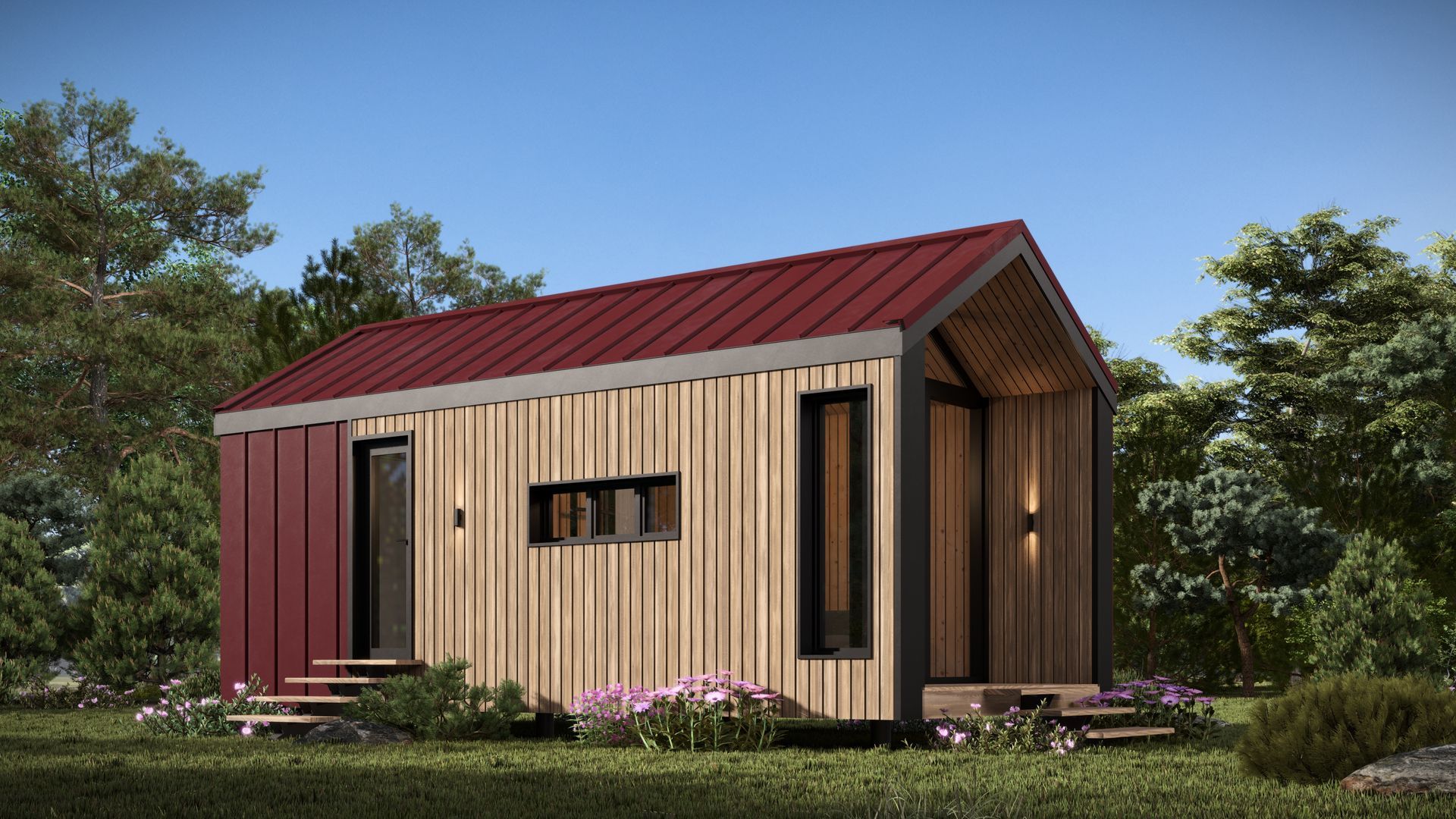 Tiny house with red metal roof, wood siding, and dark door and window frames. Set in a garden.