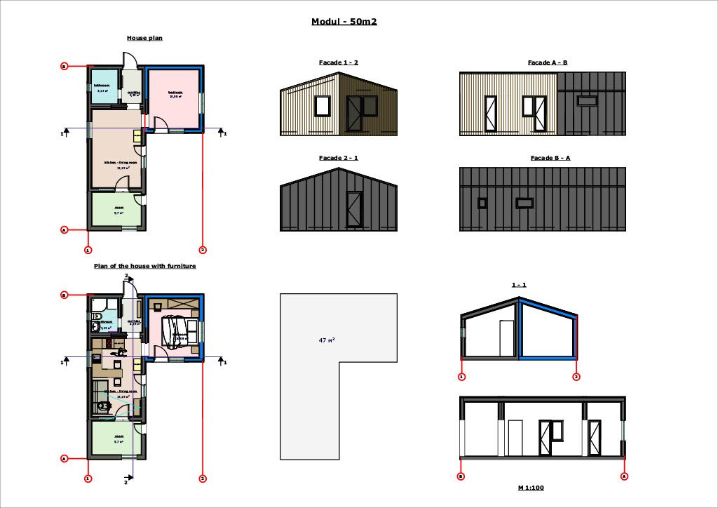 Architectural drawings of two building models: floor plans, exterior, and section views.
