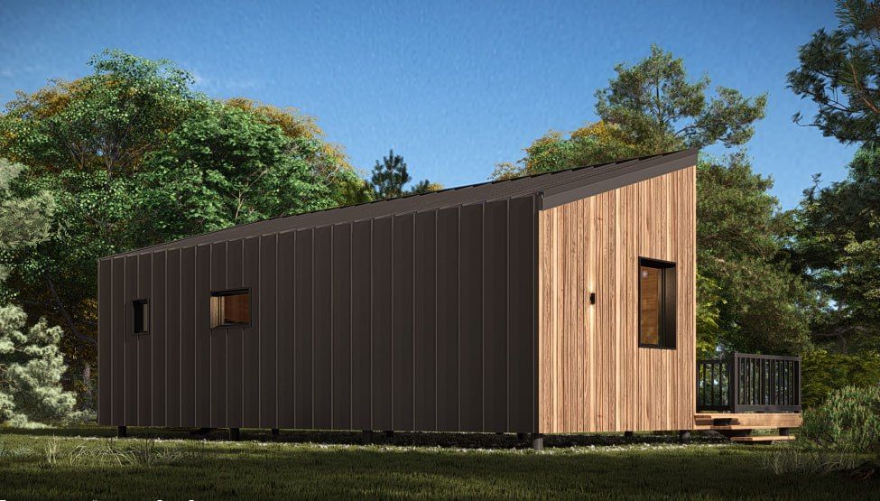 Wooden cabin with angled roof, two small windows, and a deck, set in a wooded area.