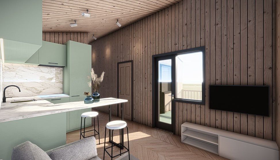 Modern kitchen/living space. Mint green cabinets, wood walls, white countertops, TV, and stools.