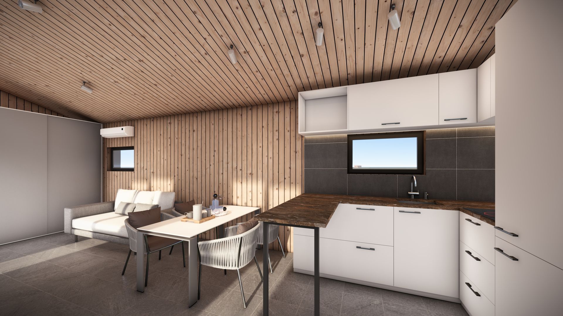 Modern kitchen and dining area with wooden ceiling and walls, white cabinets, and a small window.