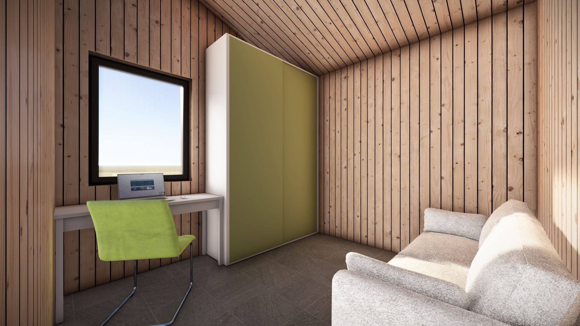 Interior room with wood paneling, desk, green chair, sofa, window, and green wardrobe.