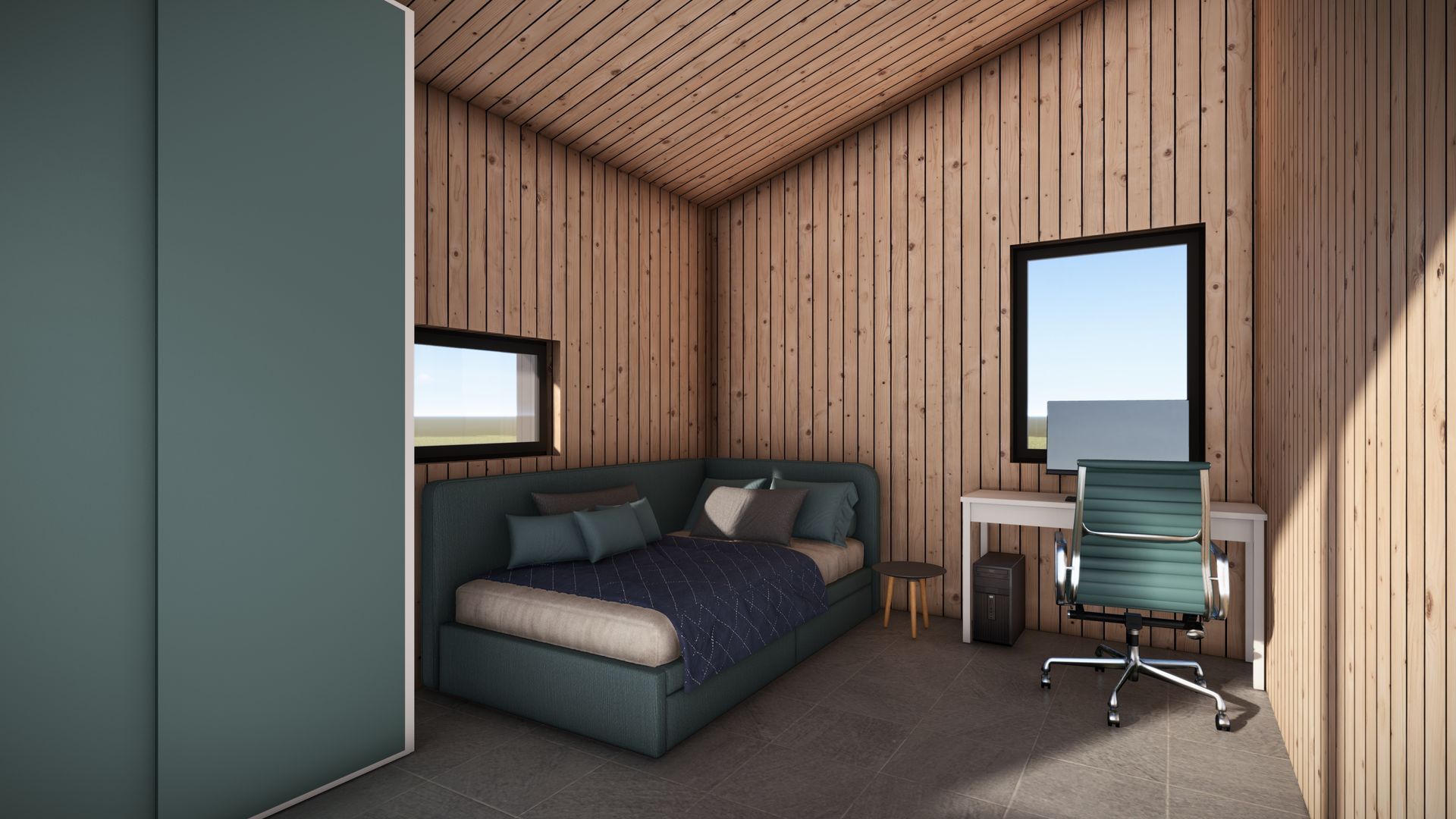 Bedroom with wooden walls, bed, desk with a chair, and windows.