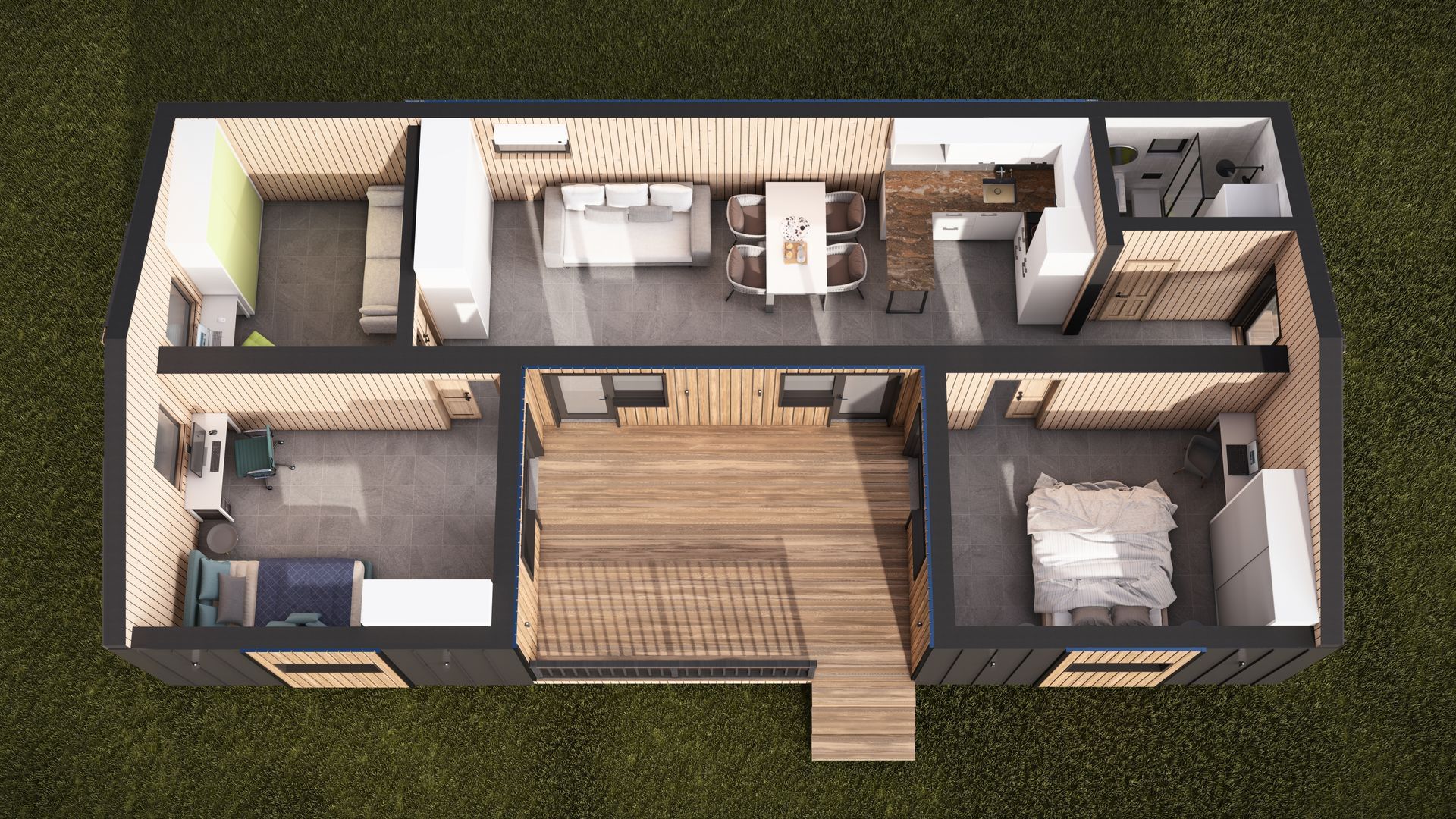 Top-down view of a small house interior with a living area, kitchen, and bedrooms, featuring wood accents.