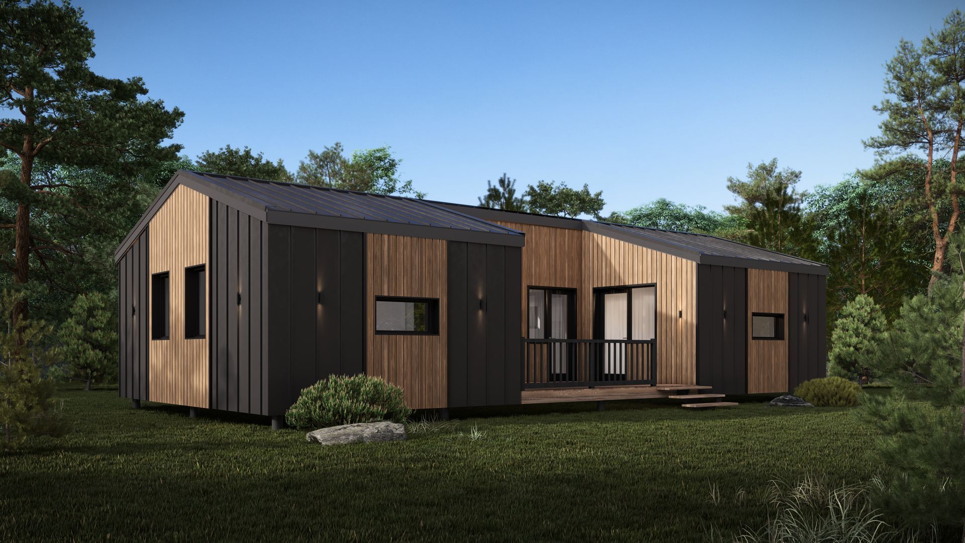 Modern house with black and wood siding, set in a grassy area among trees under a blue sky.