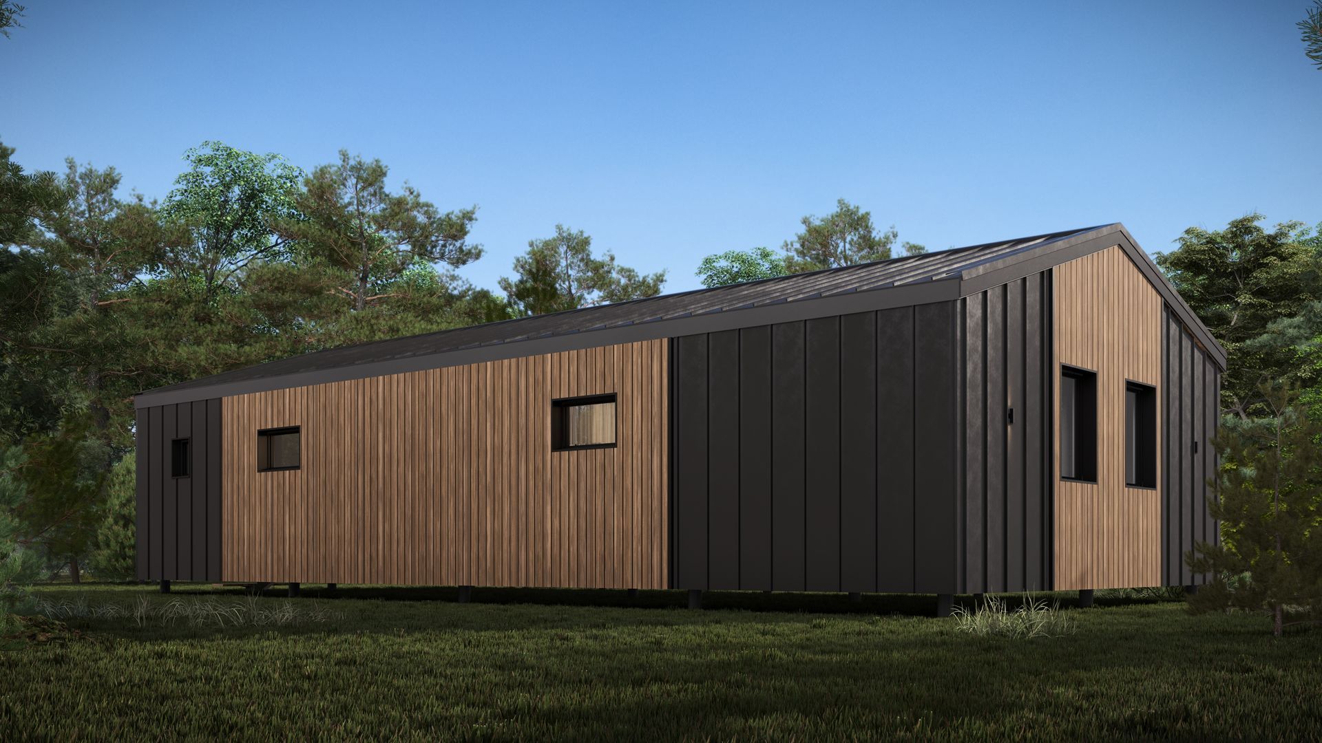 Modern cabin exterior with wood and dark metal siding, surrounded by trees.