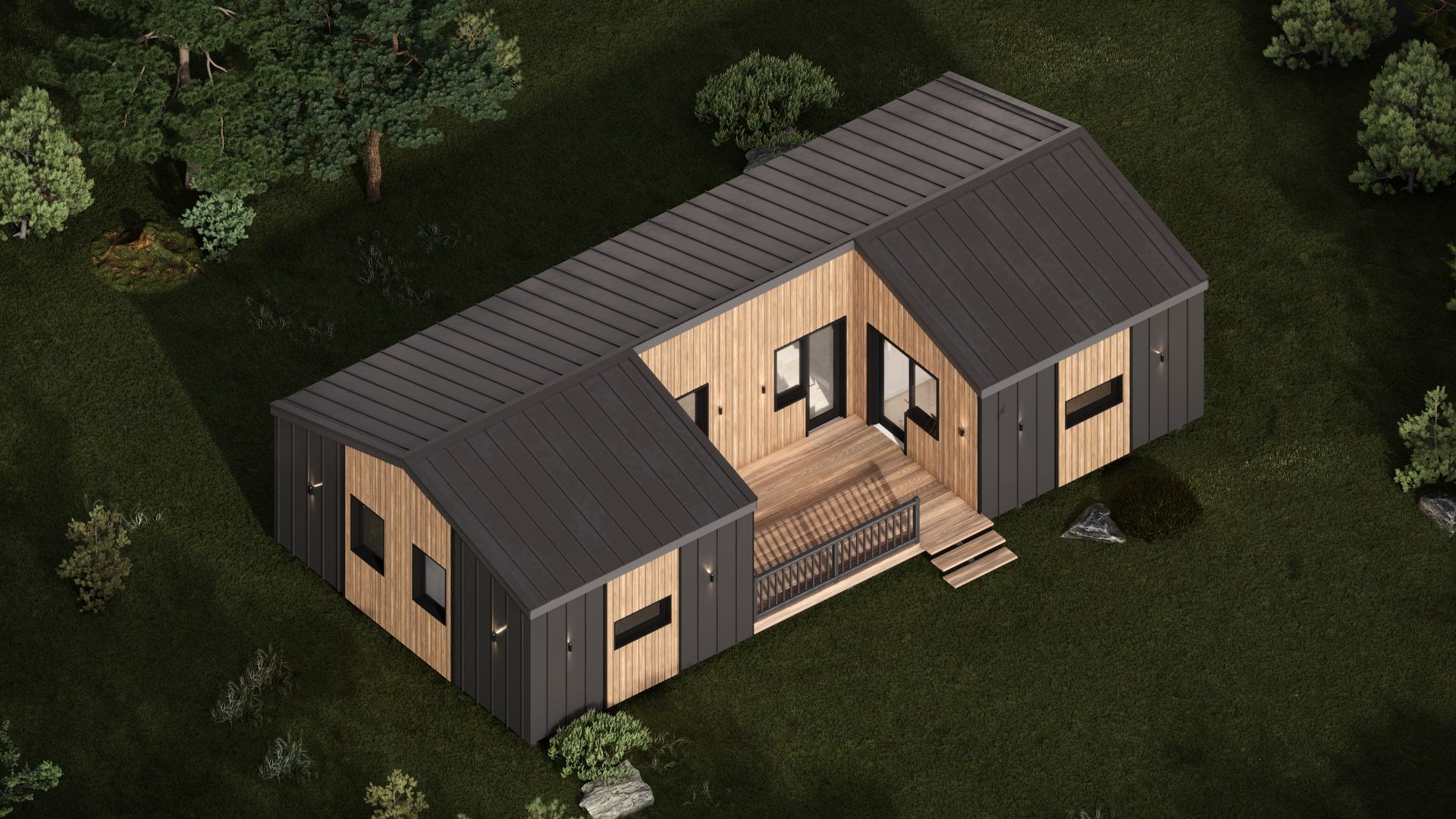 Modern, wood-and-black house with angled roof, surrounded by trees on a green lawn. Wooden deck with railings and steps.