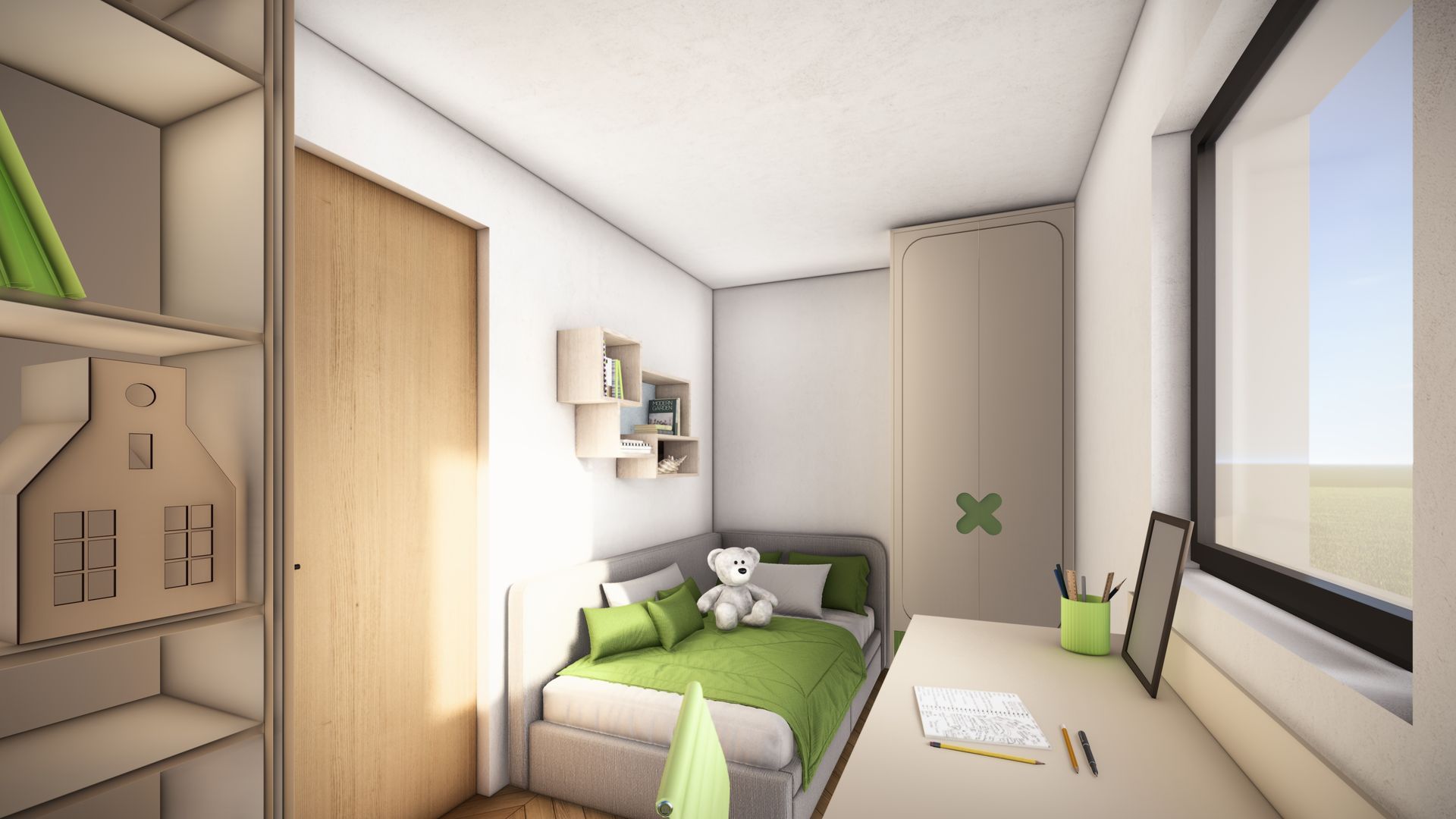 Small cabin interior with light wood paneling, green cabinets, and a white sofa.