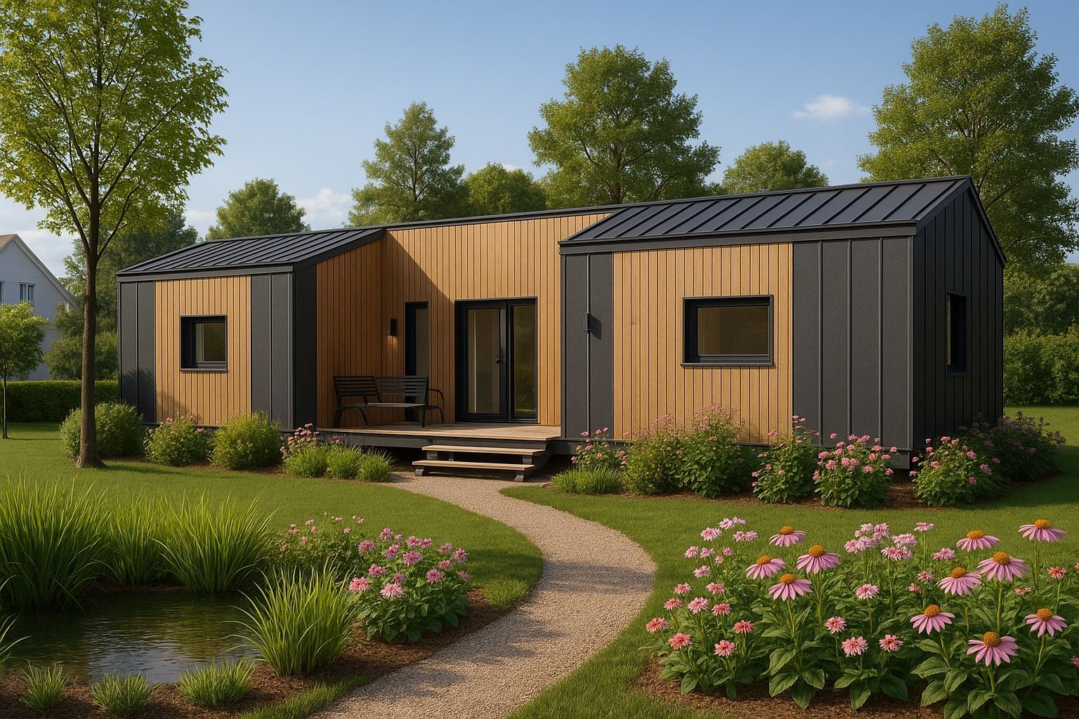 Modern, modular home with wood siding and dark gray accents, set in a green yard with a stone path.