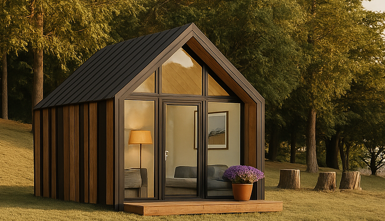 Small cabin with glass front, wood siding, and black roof, set on a grassy hill with trees.