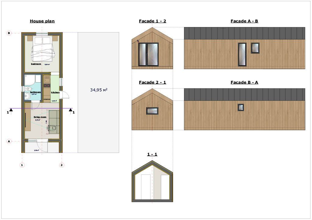 Floor plan and elevations of a small wooden house with a gabled roof.