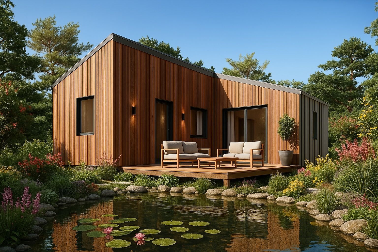 Wooden cabin with deck overlooking a pond, surrounded by lush gardens.