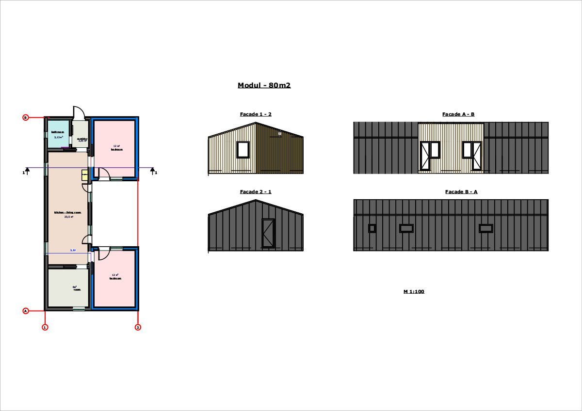 Floor plan with elevation views of a building; various room types and exterior walls are shown.