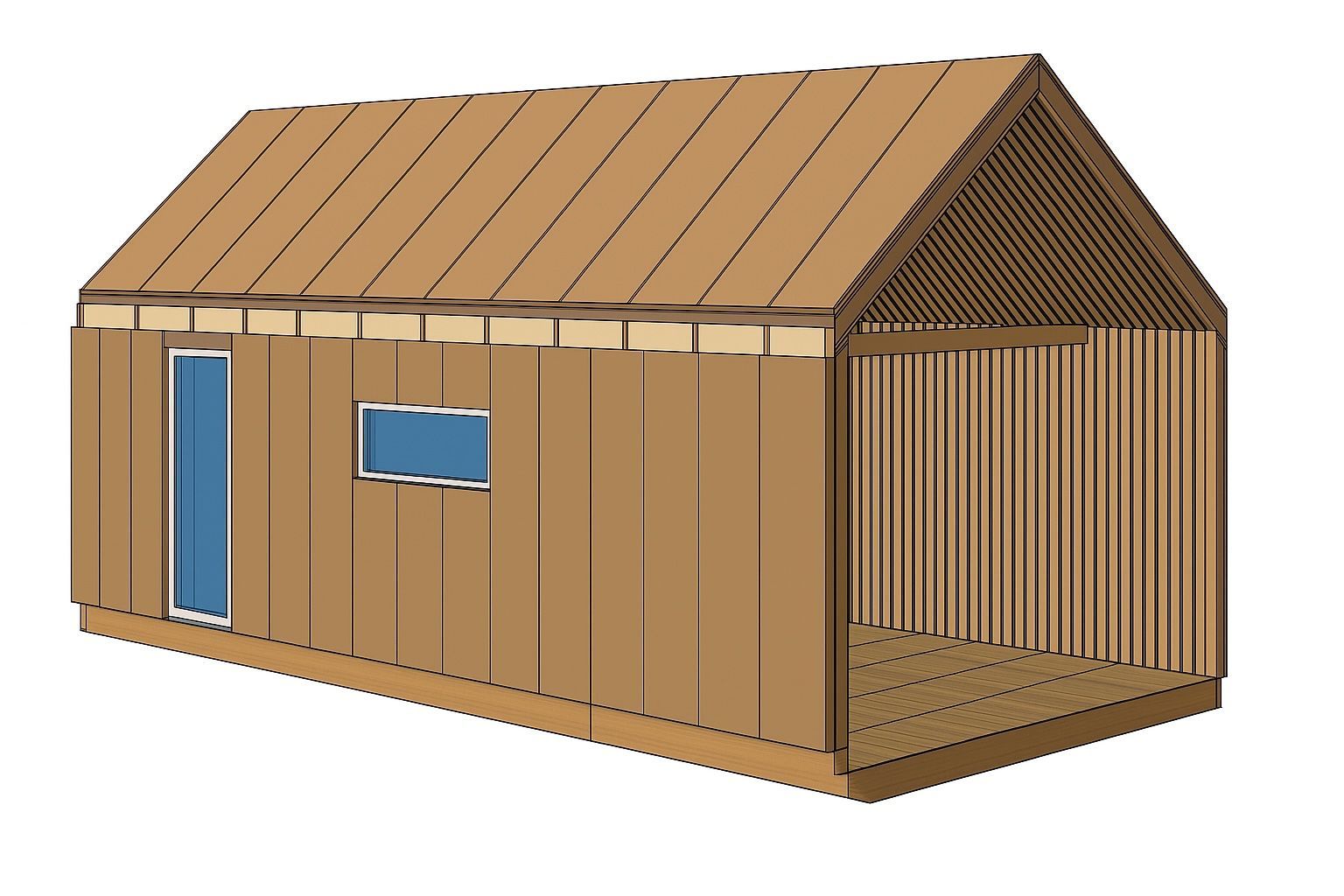Wooden shed with a gable roof, a door, and a window. The right side is open.
