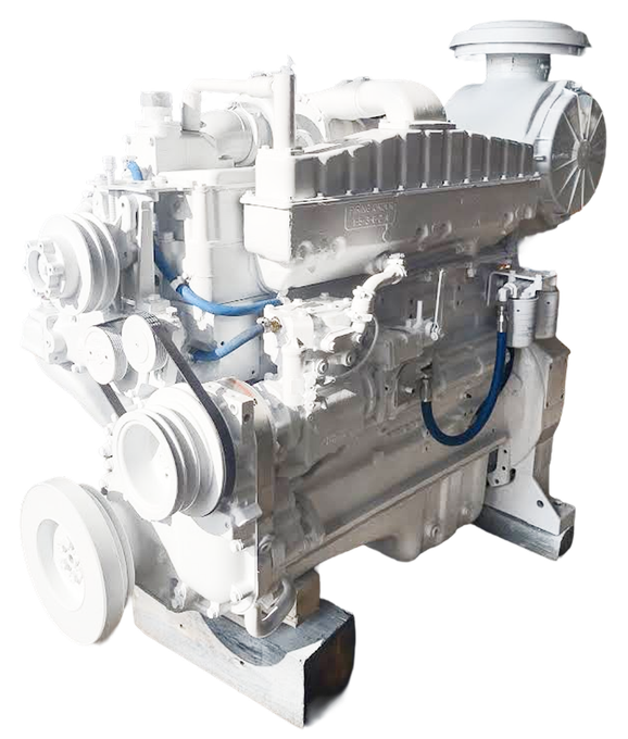 White industrial engine with belts and hoses on a stand, isolated on a white background | S&V Diesel Repair