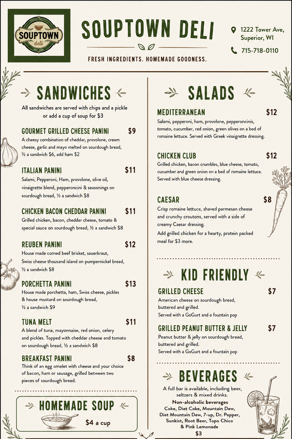 Southtown Cafe lunch menu with salads, kid-friendly items, and beverages on a beige background