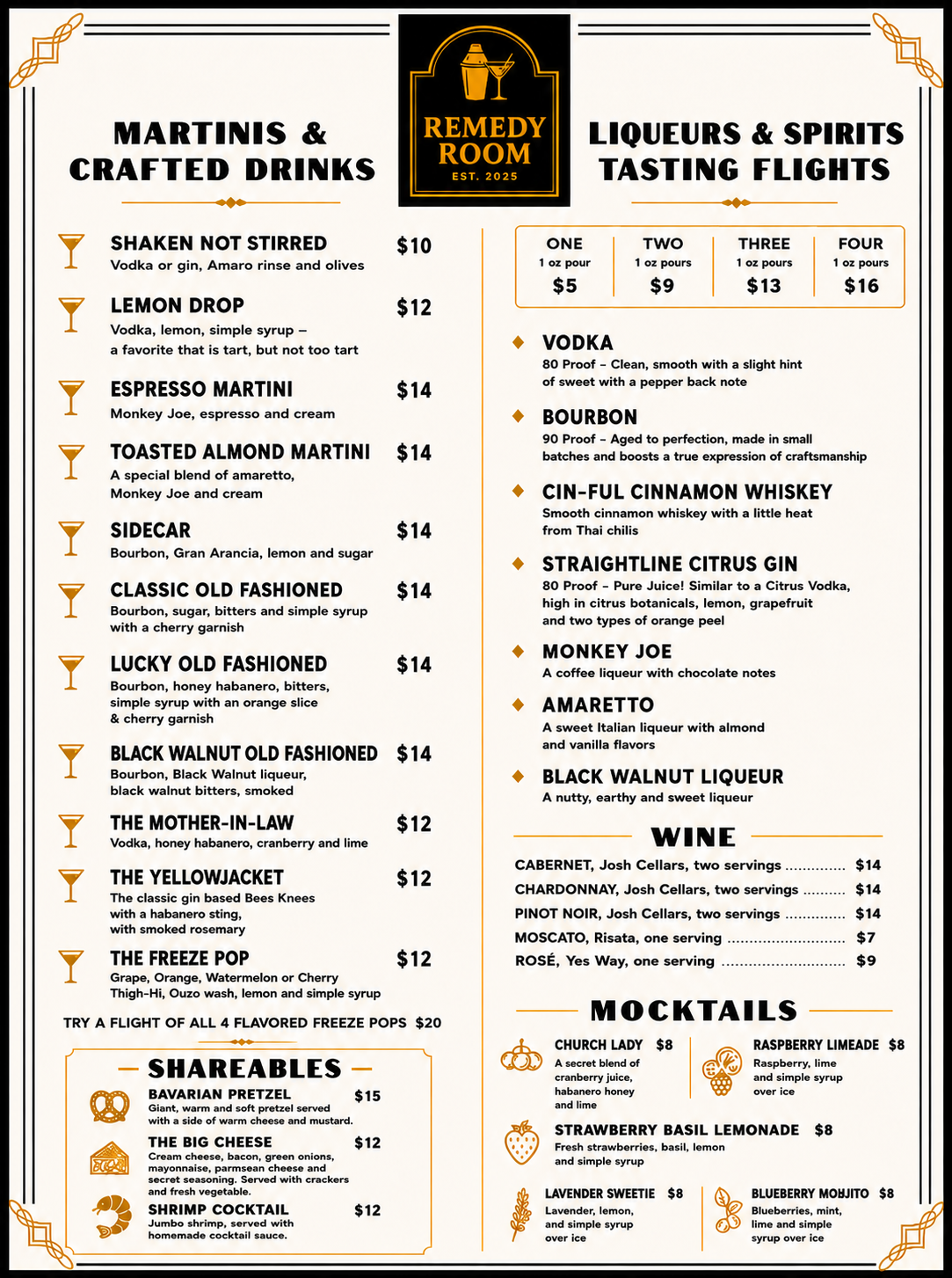 Martini and craft drinks menu with cocktail names, prices, and shareables, plus a martini glass icon.