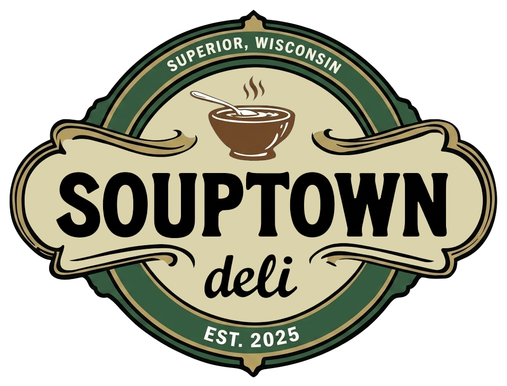 Souptown deli logo in green, tan, and black, with a steaming soup bowl and “Superior, Wisconsin” and “Est. 2025” text