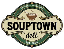 Souptown deli logo in green, tan, and black, with a steaming soup bowl and “Superior, Wisconsin” and “Est. 2025” text