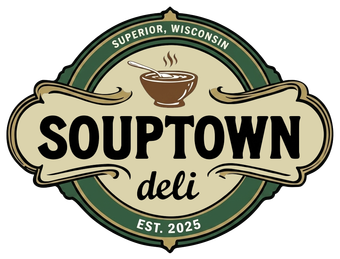 Souptown deli logo in green, tan, and black, with a steaming soup bowl and “Superior, Wisconsin” and “Est. 2025” text