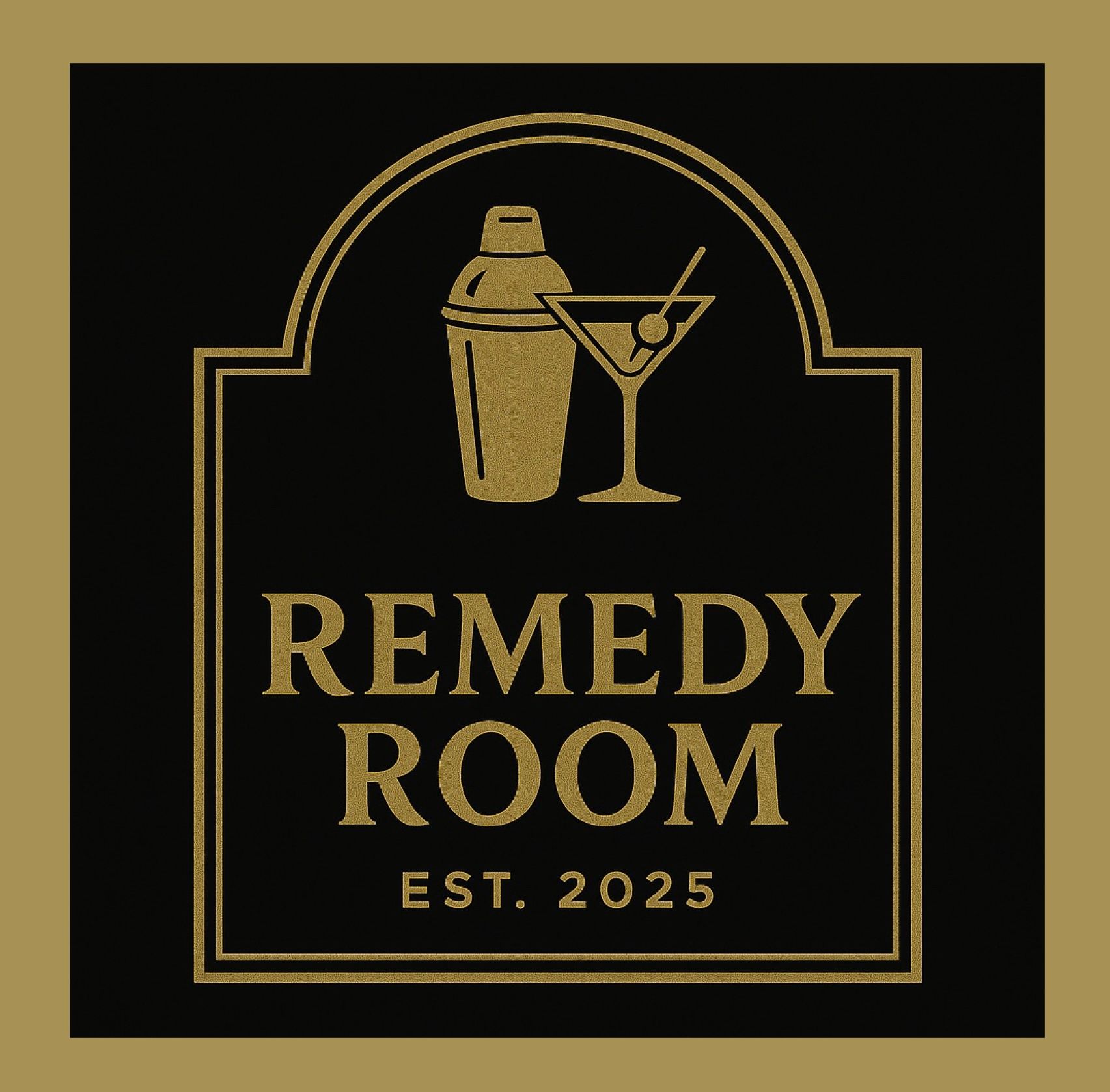 Gold Remedy Room logo with cocktail shaker and martini glass on black background, EST. 2025