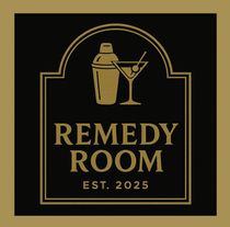 Gold Remedy Room logo with cocktail shaker and martini glass on black background, EST. 2025