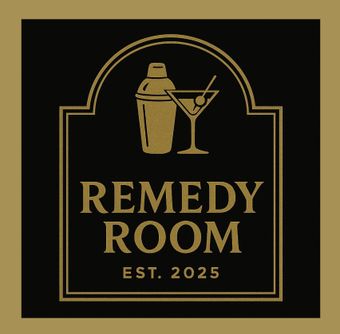 Gold Remedy Room logo with cocktail shaker and martini glass on black background, EST. 2025