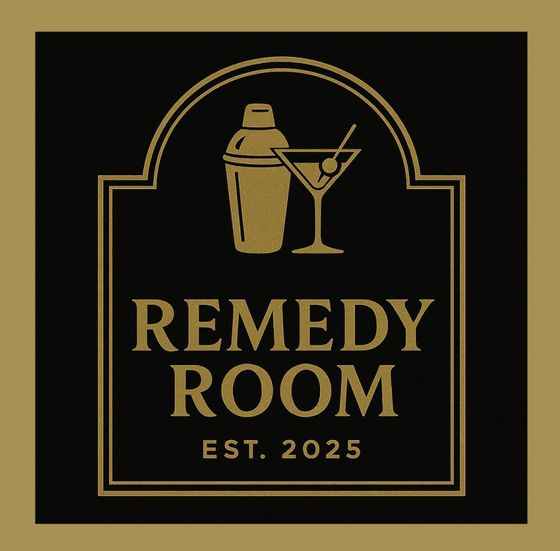Gold Remedy Room logo with cocktail shaker and martini glass on black background, EST. 2025