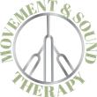 A logo for movement and sound therapy with a peace sign made out of tuning forks