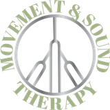A logo for movement and sound therapy with a peace sign