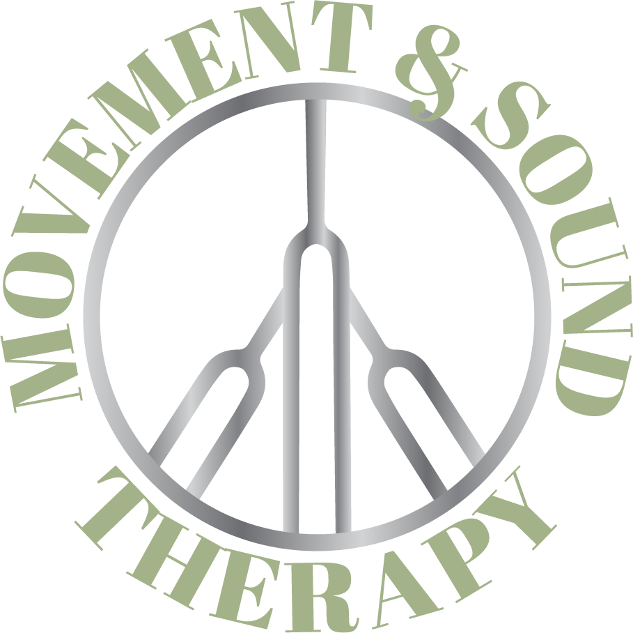 A logo for movement and sound therapy with a peace sign made out of tuning forks