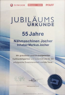 Jubiläums Urkunde Jocher Pfaff-Nähzentrum