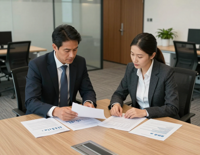 Two office workers reviewing documents at a conference table in a meeting room.