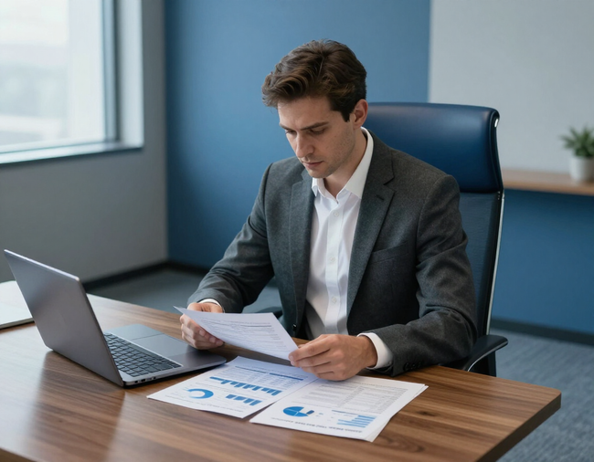 Man in a suit reviewing documents at a desk with a laptop in a modern office