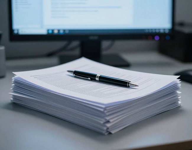 Stack of white papers with a black pen on top, in front of a computer monitor.