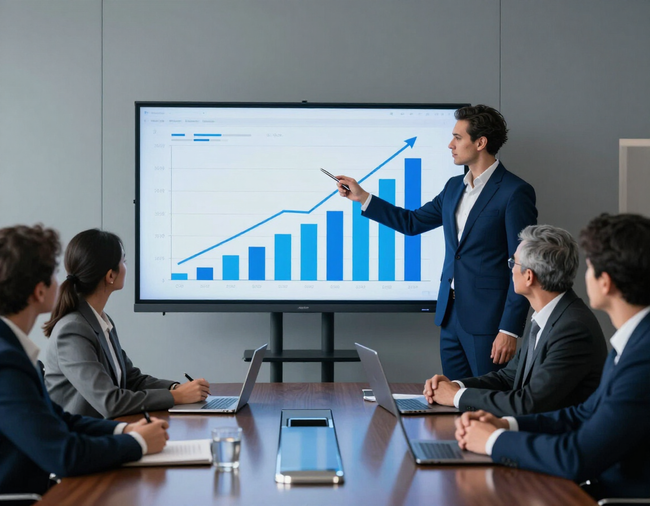 Business meeting with a presenter pointing at a rising blue bar chart on a conference room screen
