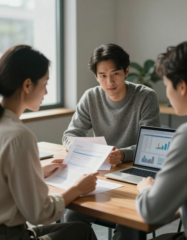 Three people discussing documents and laptop charts at a table in a bright office
