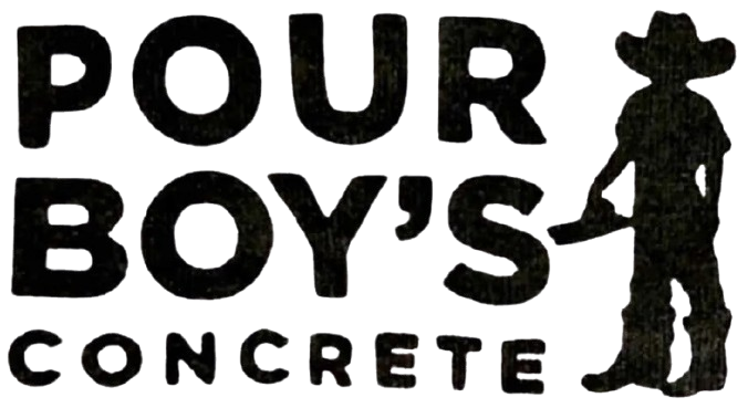 Pour Boy's Concrete logo: Black text with a silhouette of a cowboy, holding a trowel.
