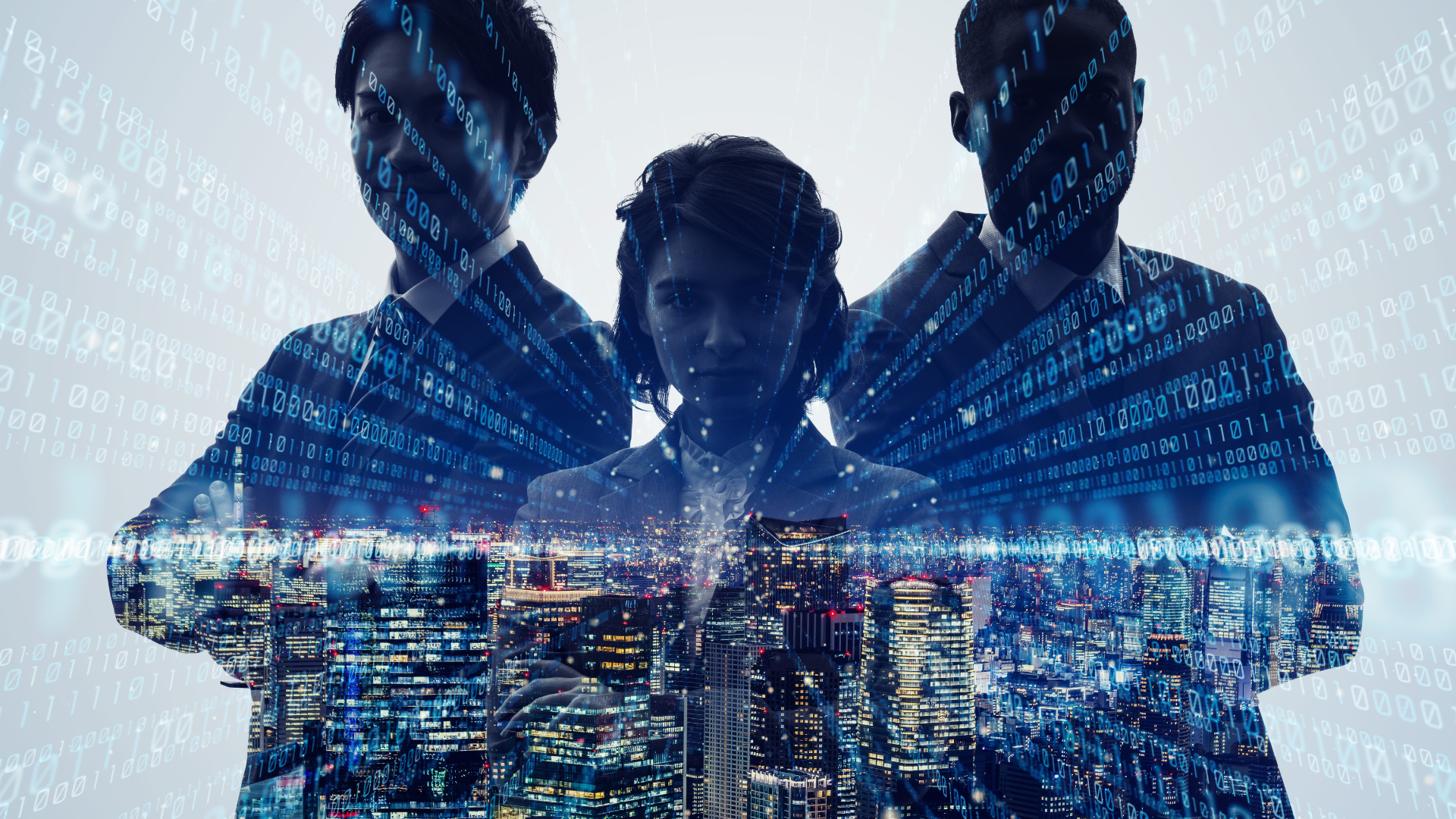 Image of three leaders from different races with a background boosting corporate values & skyscraper