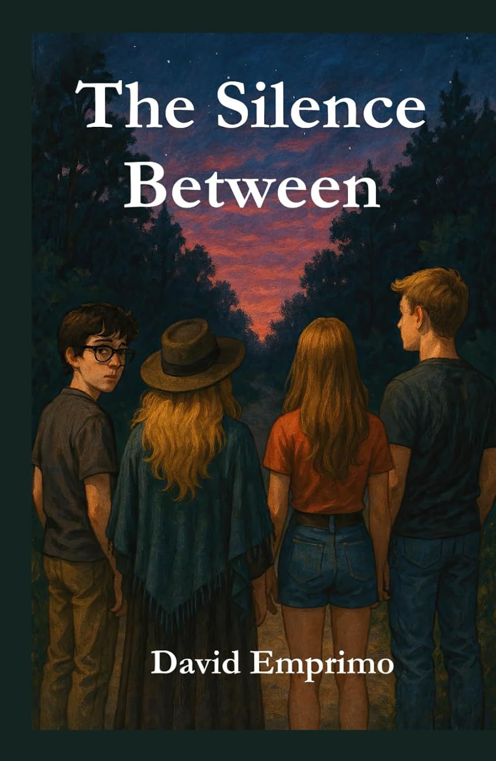 Book cover: Four people stand facing a forest path under a twilight sky. Title 