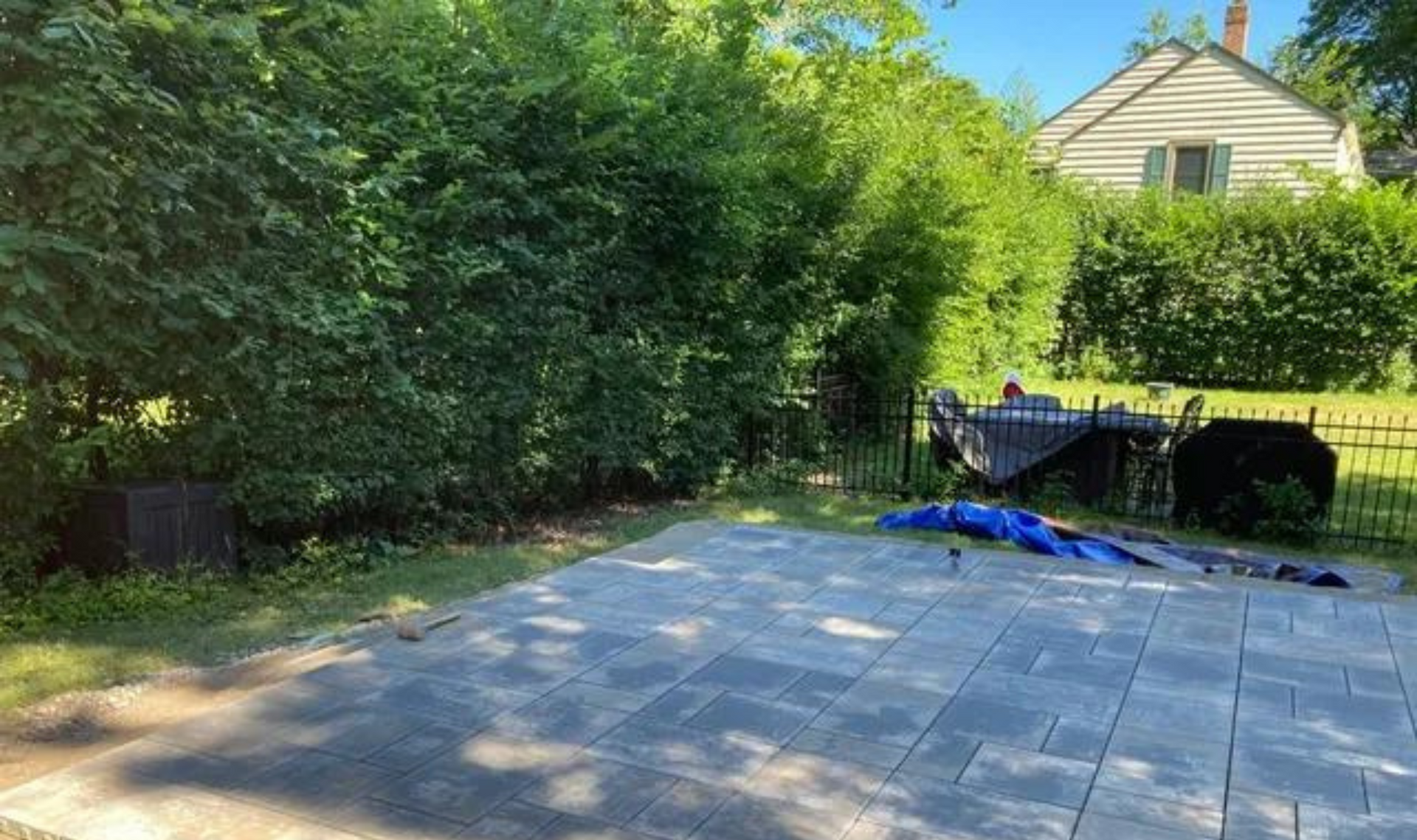 Patio with gray pavers beside dense green shrubs, a blue tarp, and a house in the background