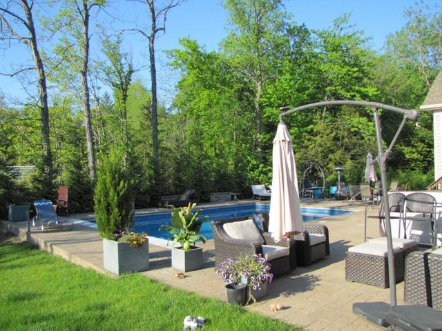 Outdoor patio with lounge chairs, umbrella, and potted plants beside a swimming pool and trees